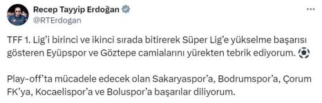 Cumhurbaşkanı Erdoğan’dan Boluspor’a özel tebrik